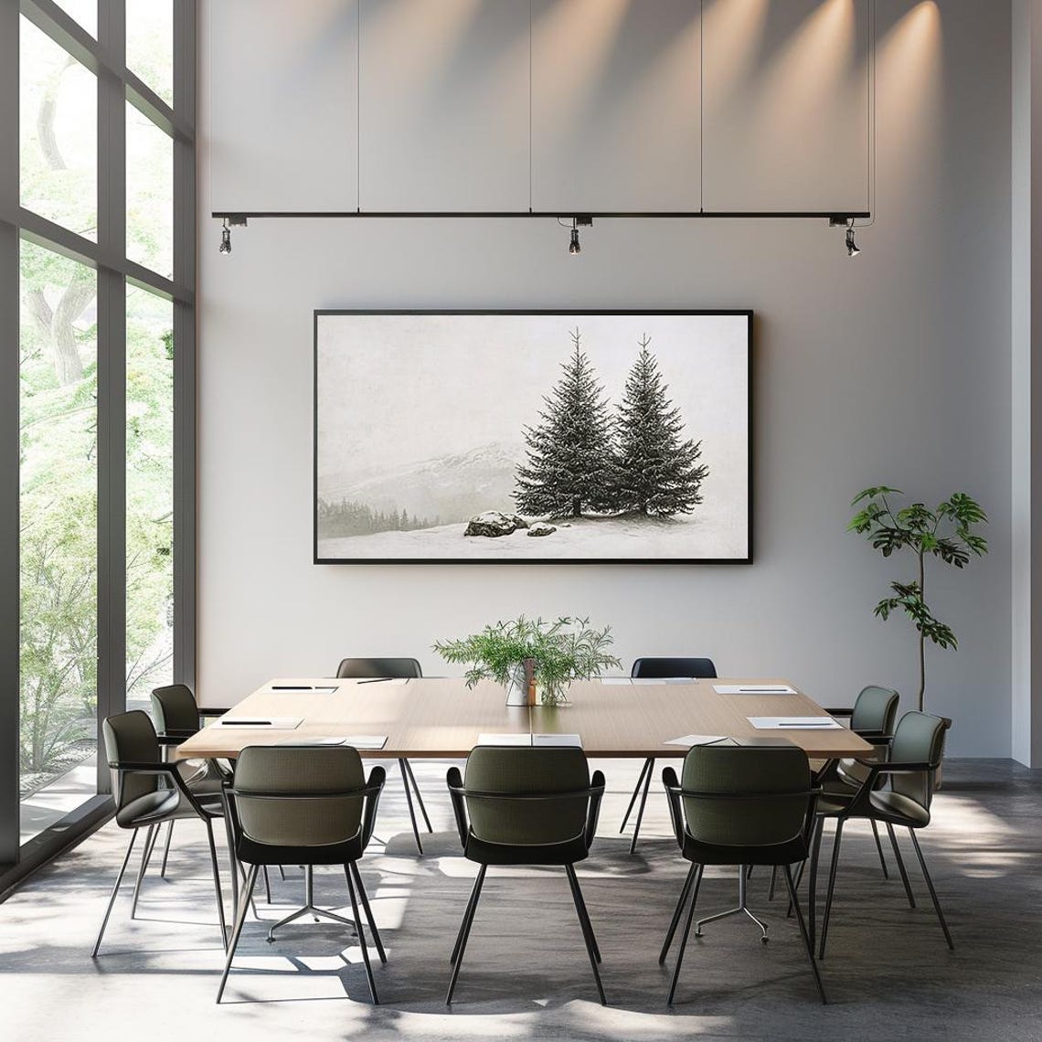 Snowy Evergreen Trees Gray Mountain Winter Landscape Art Poster - Image 3