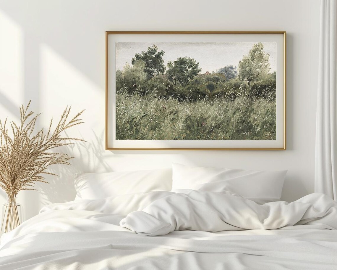 Lush Green Field with Trees Serene Romanticism Landscape Poster - Image 2