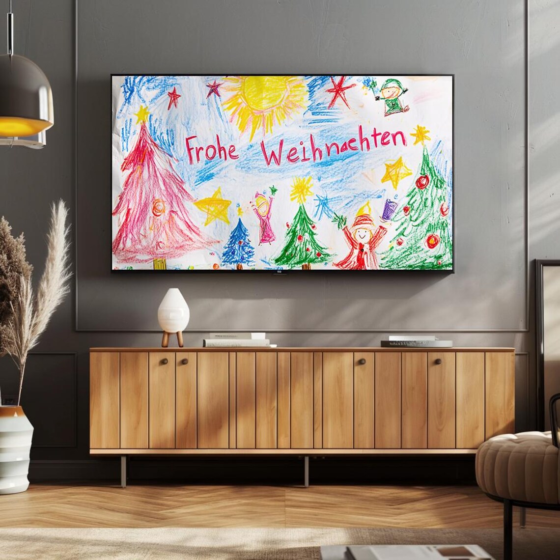 Colorful Christmas Drawing with Trees Stars Frohe Weihnachten Poster - Image 4
