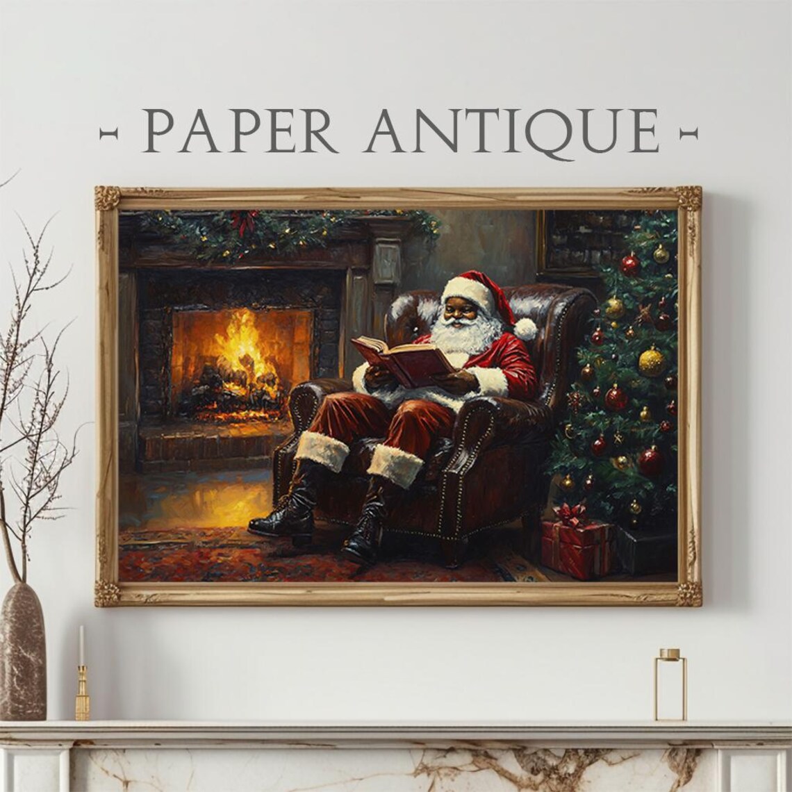 Black Santa Claus Reading by the Fireplace Cozy Christmas Night Poster