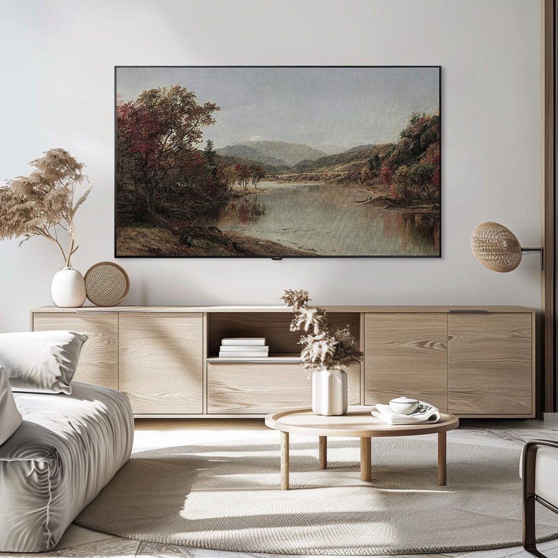 Autumn River Landscape Mountains Realistic Scenic Painting Poster - Image 5