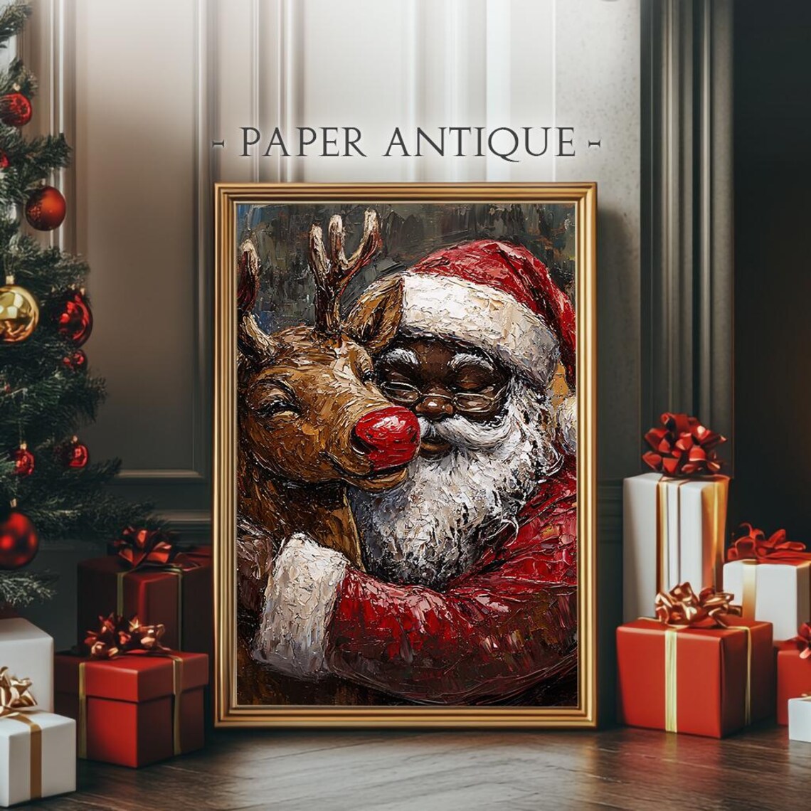 Black Santa Hugging Reindeer Textured Impasto Christmas Poster - Image 4