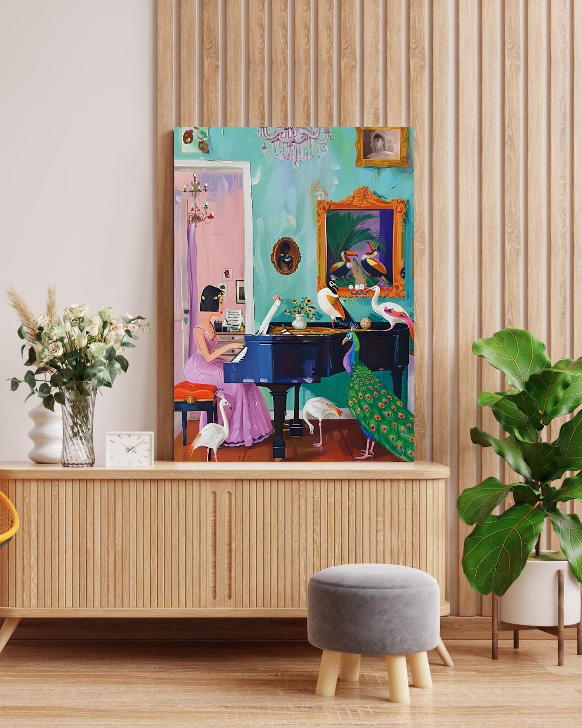 Woman Playing Piano Surrounded by Peacock and Flamingos Poster - Image 3