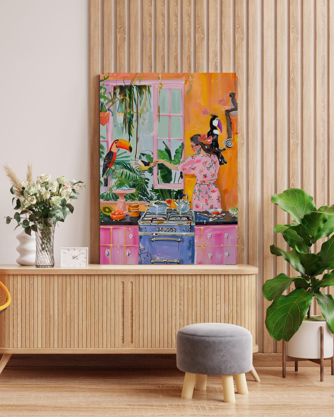 Woman Cooking in a Pink Tropical Kitchen With Toucans Poster - Image 3