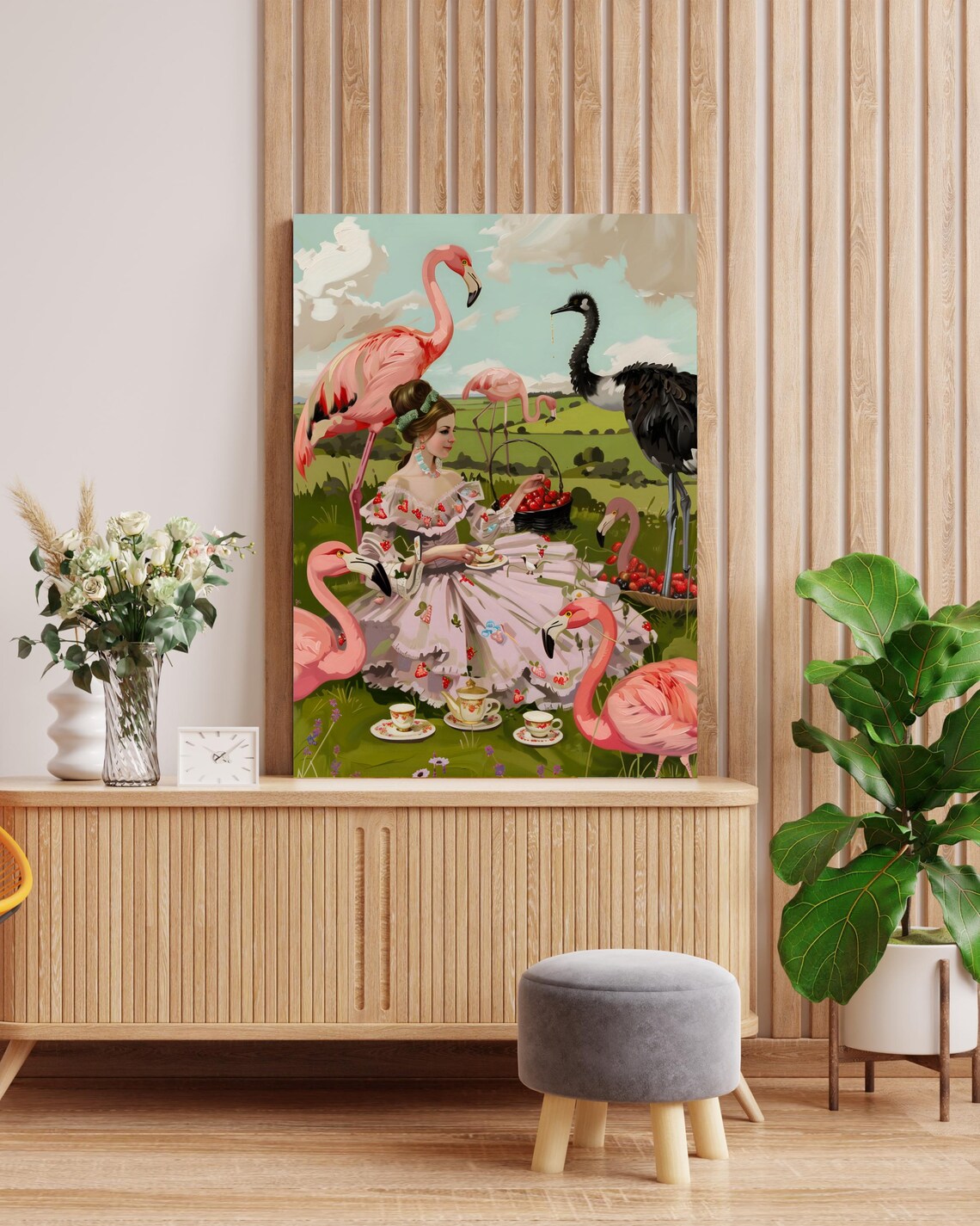 Lady's Strawberry Dress Tea Party in a Field of Flamingos Poster - Image 3