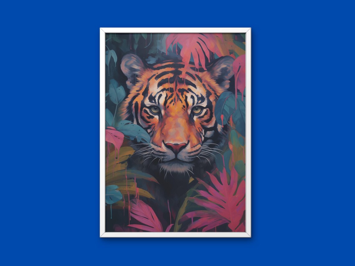 Tiger Face In Dark Tropical Leaves Moody Wildlife Portrait Poster