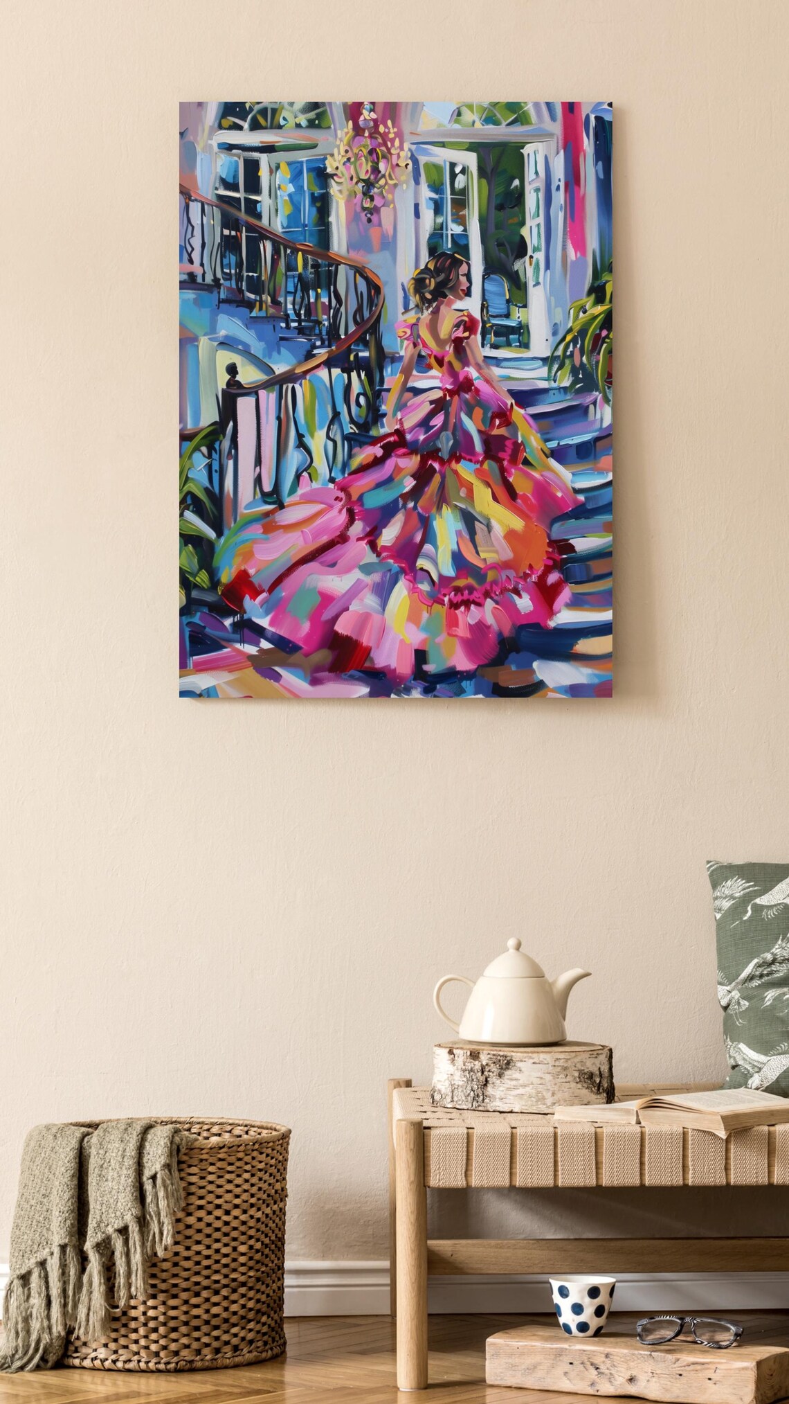 Sophisticated Print Elegant Staircase Art Vibrant Gown Wall Decor Maximalist Interior Artwork Luxury Staircase Poster - Image 2