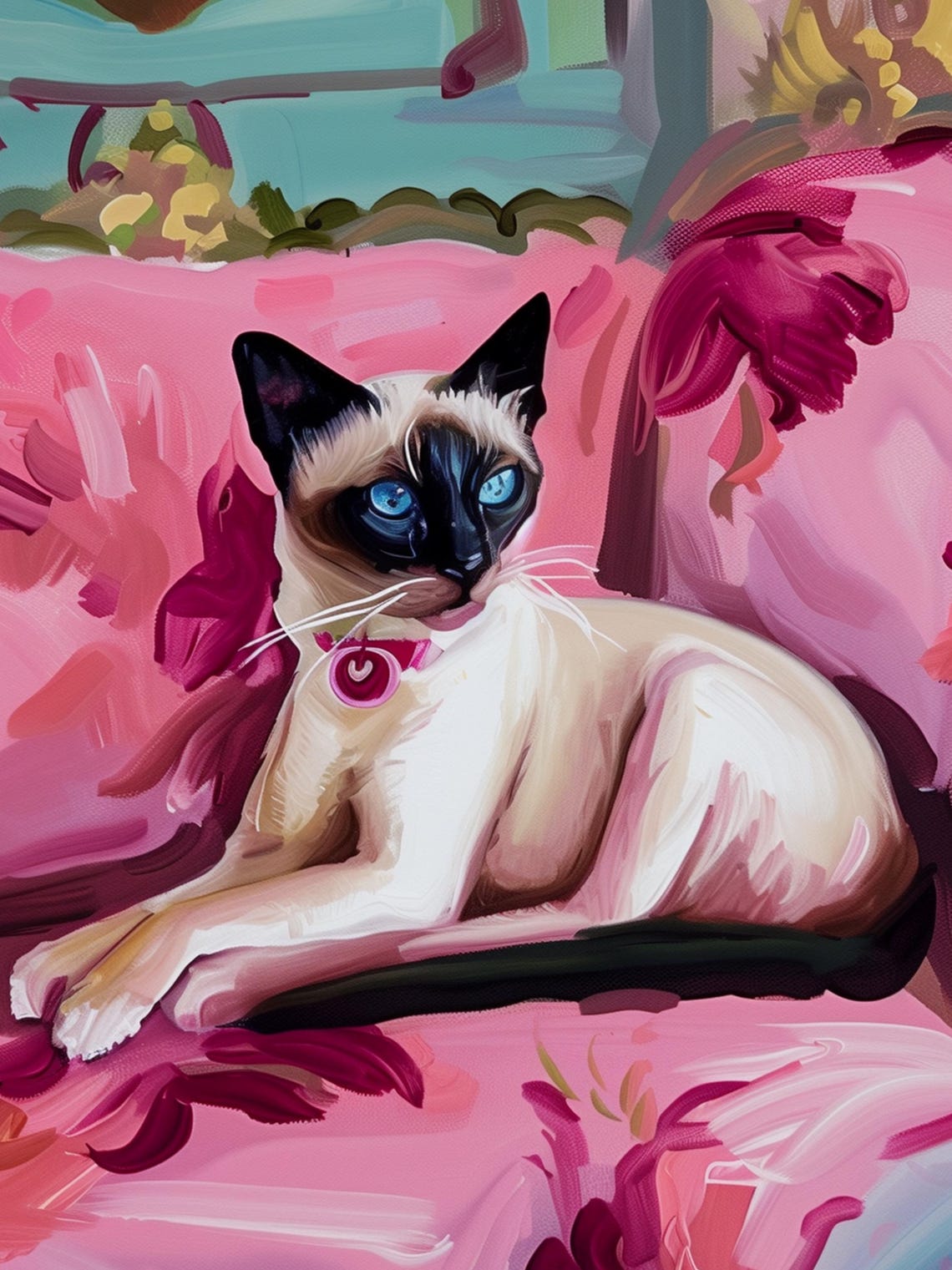 Elegant Siamese Cat With a Pink Collar on a Pink Sofa Art Poster - Image 2