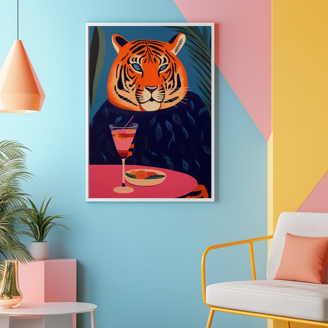 Illustrated Tiger Holding a Pink Cocktail at a Cafe Table Poster - Image 2