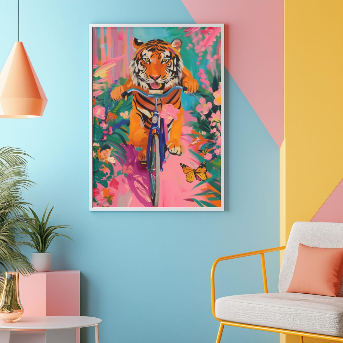 Happy Tiger Riding a Blue Bicycle Through Pink Jungle Poster - Image 2