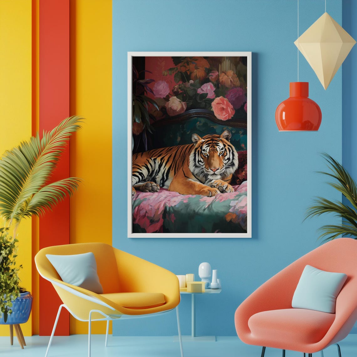 Tiger Lounging on a Floral Pink Sofa Romantic Oil Painting Poster - Image 3