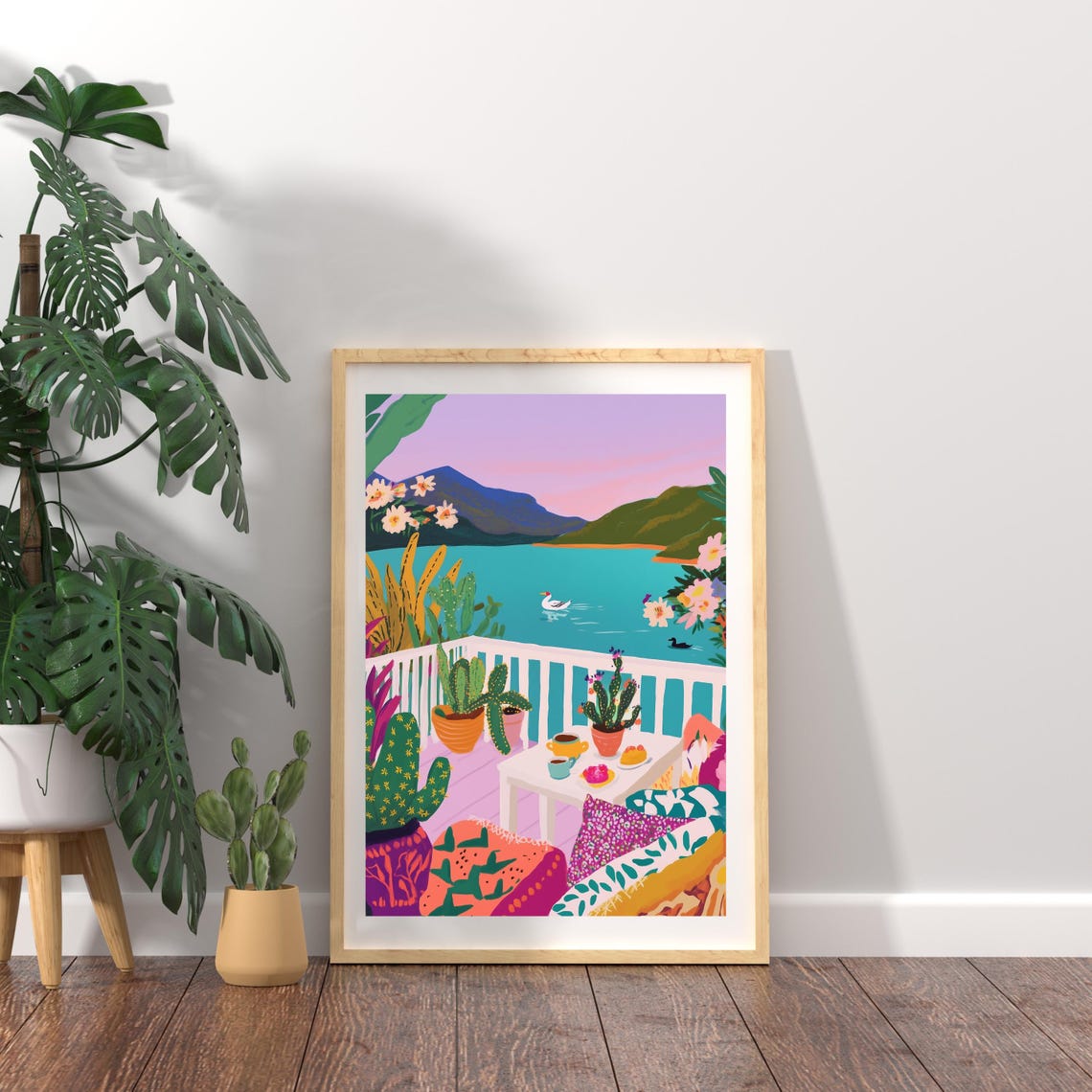Colorful Lake View Wall Art Boho Balcony Nature Print Vibrant Maximalist Landscape Relaxing Outdoor Art Cozy Scenic Poster - Image 3
