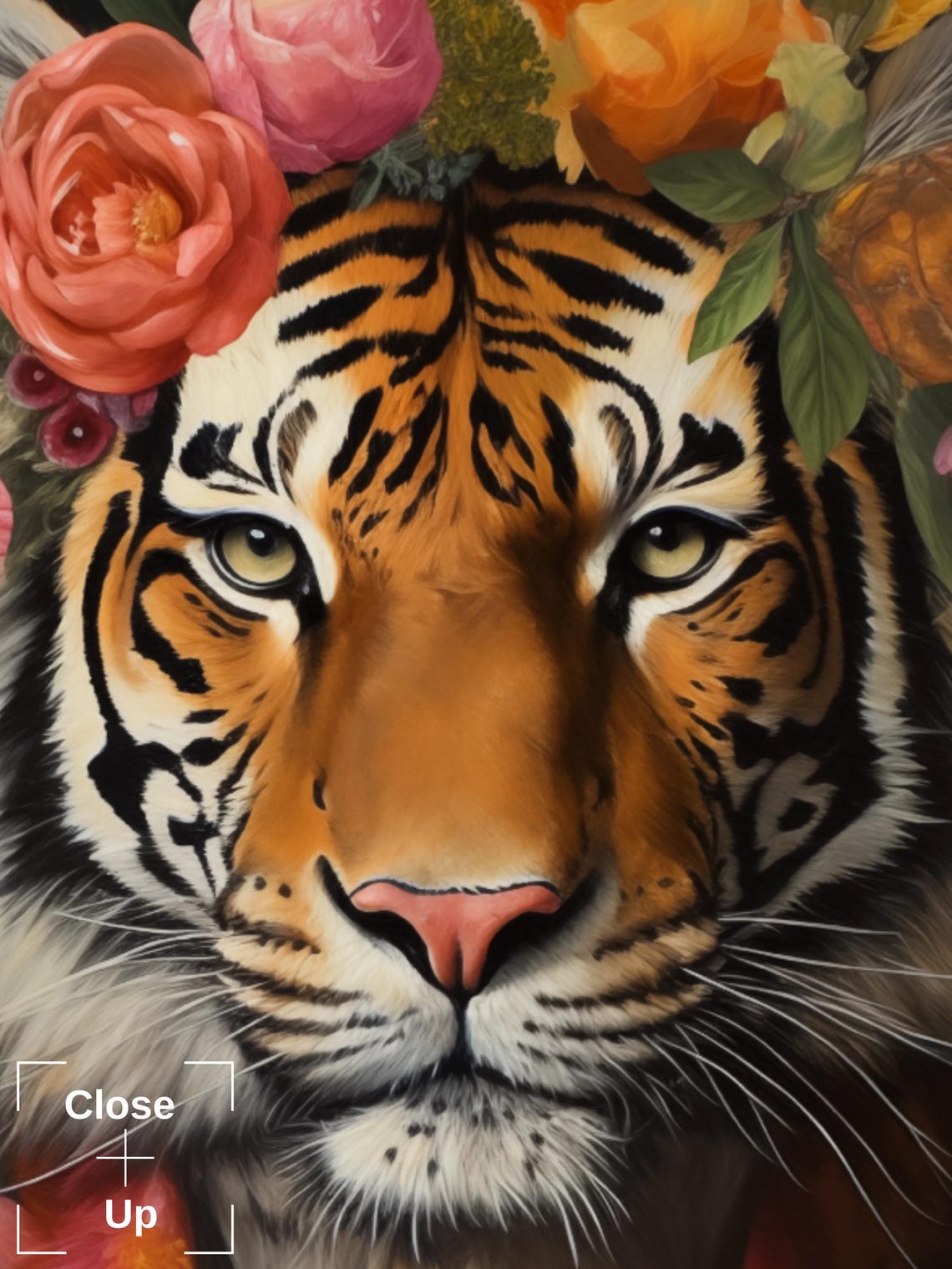 Regal Tiger Portrait with Floral Crown and Blooming Jacket Poster - Image 3