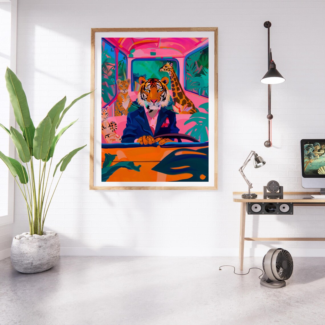 Tiger Driving a Pink Convertible With Giraffe and Leopard Friends Poster - Image 2