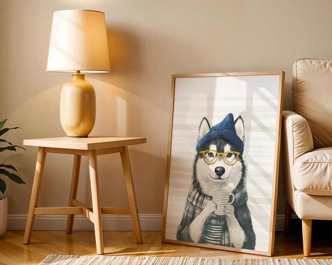 Husky in Beret and Glasses With Striped Mug Coffee Art Poster - Image 2