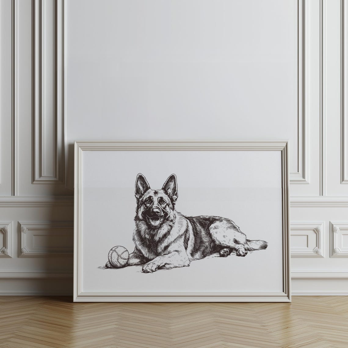 German Shepherd Lying With Ball Detailed Ink Sketch Dog Poster - Image 3
