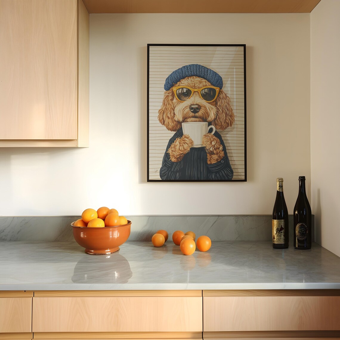 Goldendoodle in Knit Beanie and Sunglasses Holding Mug Poster - Image 3