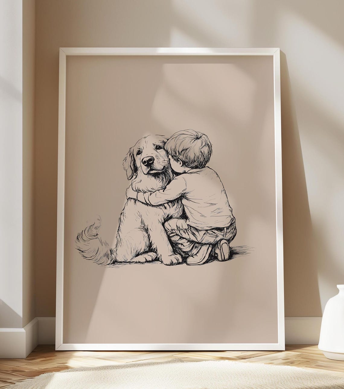 Boy Hugging Golden Retriever Dog Tender Ink Sketch Art Poster