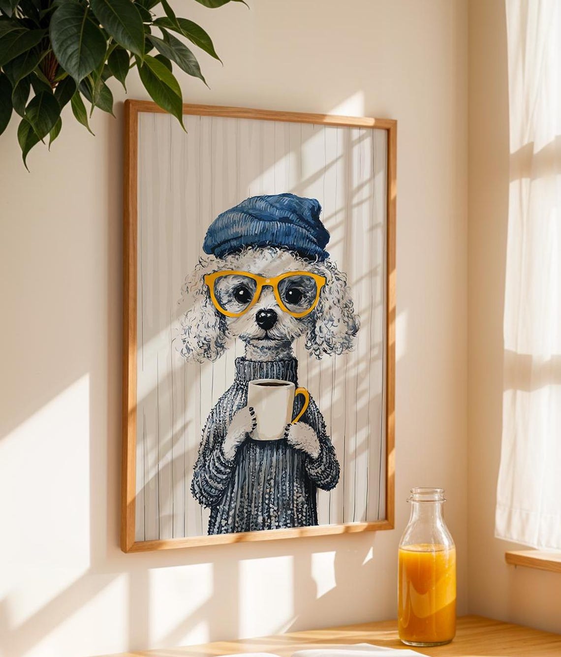 White Poodle in Blue Beanie and Glasses Holding Coffee Poster - Image 3