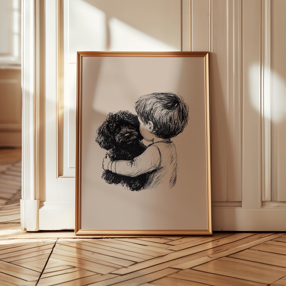 Boy Hugging Poodle Dog Sweet Ink Sketch Pet Lover Art Poster - Image 2