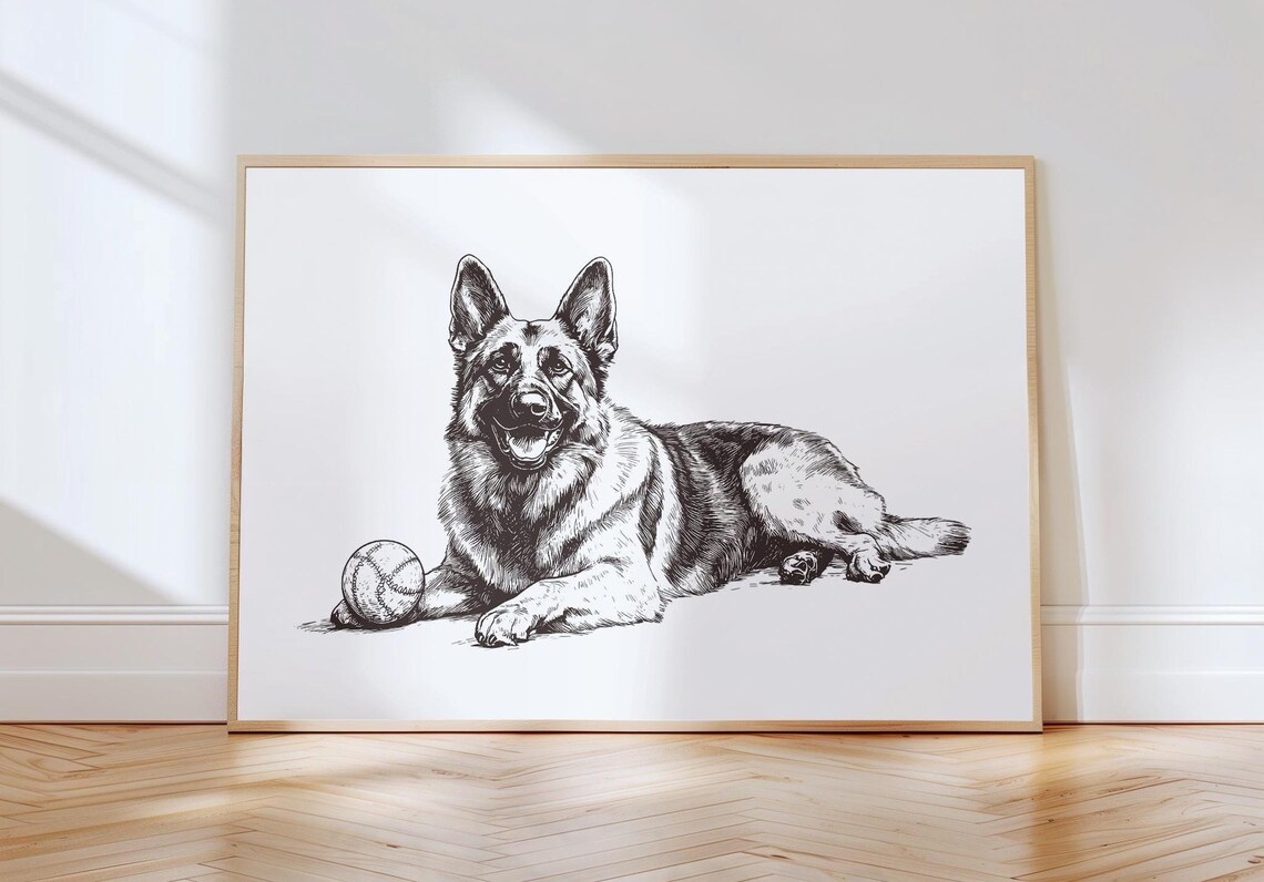 German Shepherd Lying With Ball Detailed Ink Sketch Dog Poster