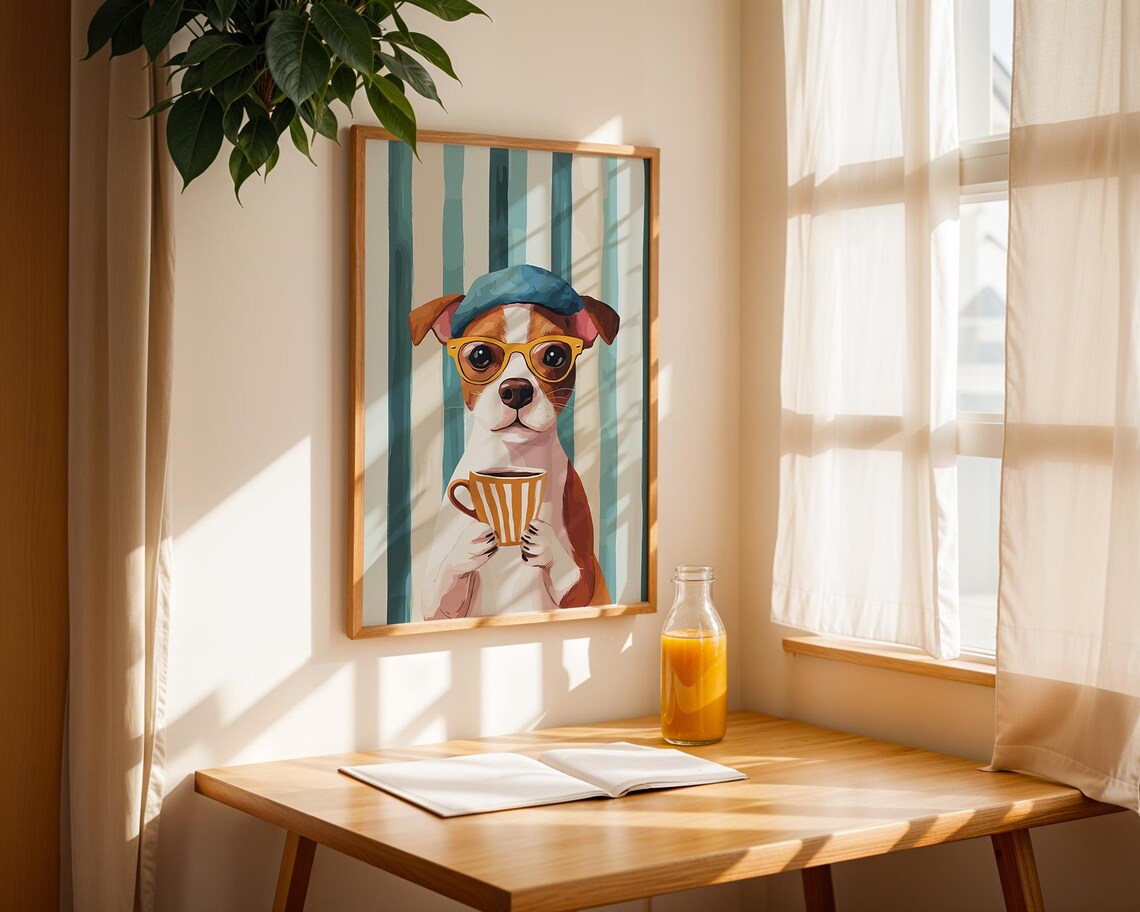 Cute Dog in Beret and Glasses Holding Coffee Cup Funny Poster - Image 2