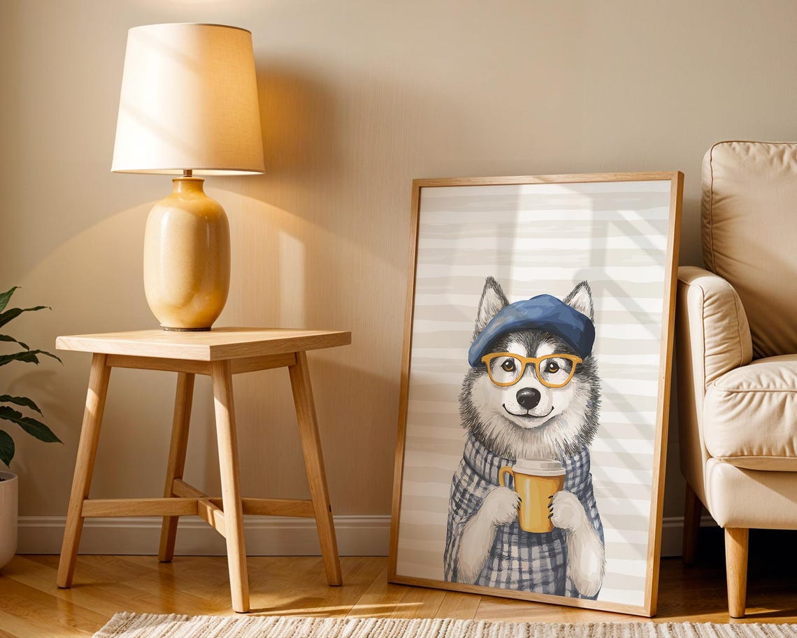 Husky in Beret and Glasses With Plaid Scarf Coffee Mug Poster - Image 2