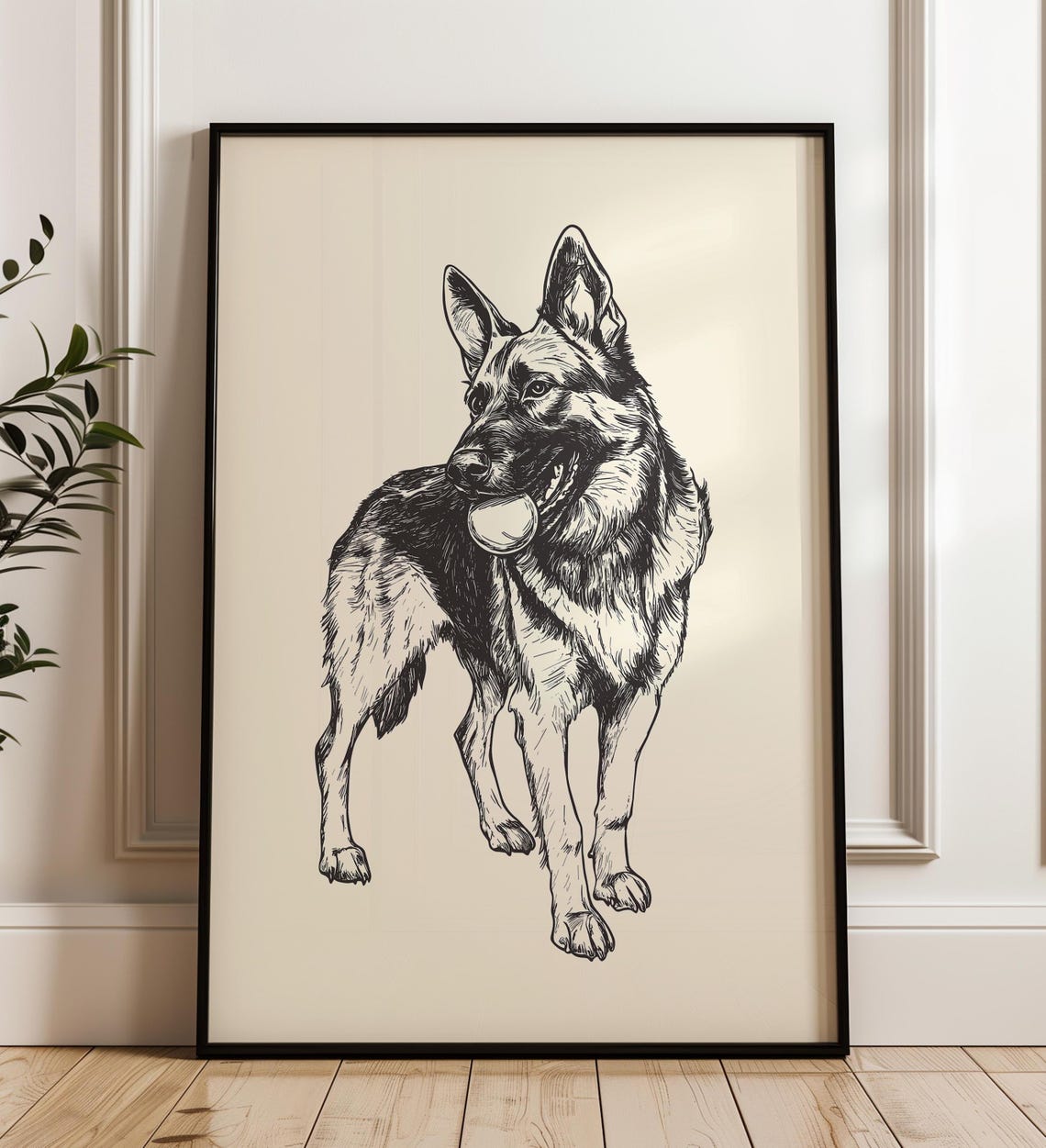 German Shepherd Standing With Ball Bold Ink Sketch Dog Art Poster