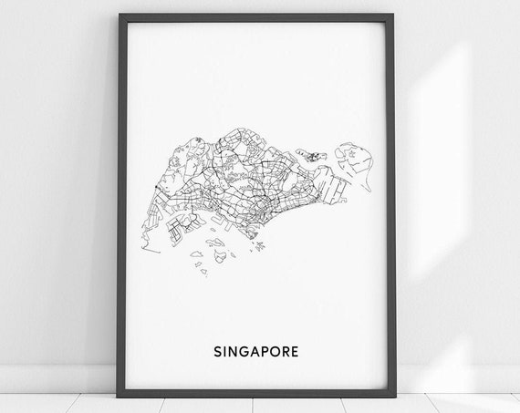 Singapore Map Print Art Road Poster Country Maps Black White Modern Wall Office Decor