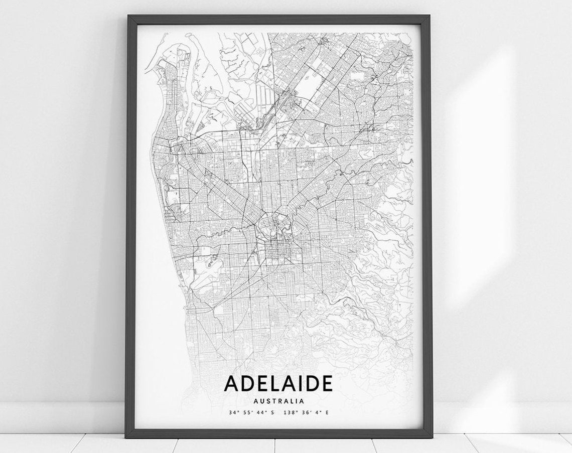 Adelaide Map Print Art Poster Australia City Street Black And White Modern Wall Office Decor