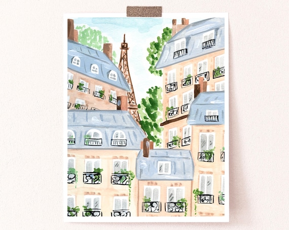 Parisian Buildings Art Print, Watercolor Paris Scene