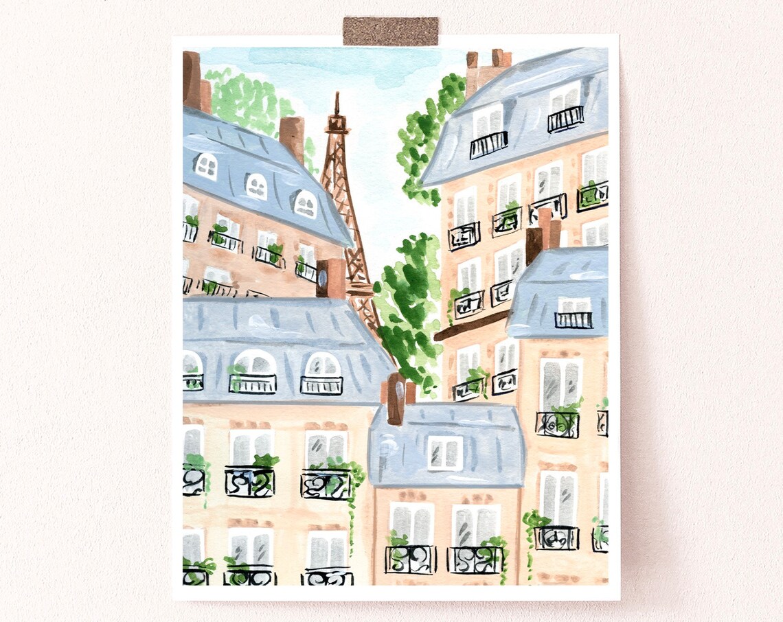 Parisian Buildings Art Print, Watercolor Paris Scene