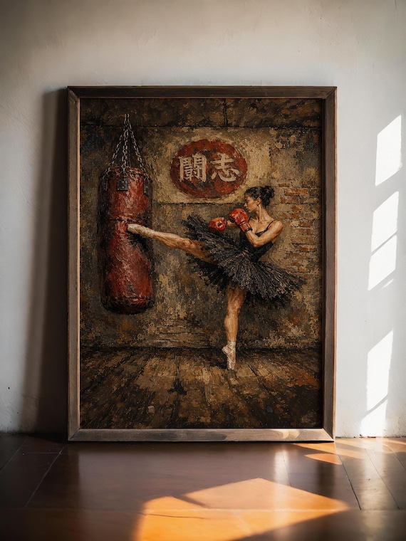 Ballet Dancer Boxer Kicking Punching Bag Vintage Oil Painting Poster