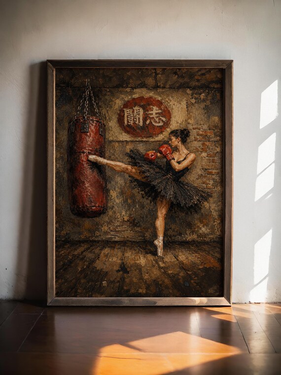 Fighting Grace Ballet Boxer Oil Painting Print Vintage Martial Arts Wall Art Ballerina