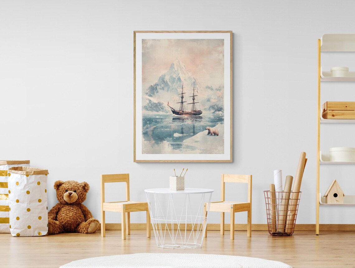 Vintage Arctic Expedition Ship Icy Waters Polar Bear Adventure Poster - Image 3