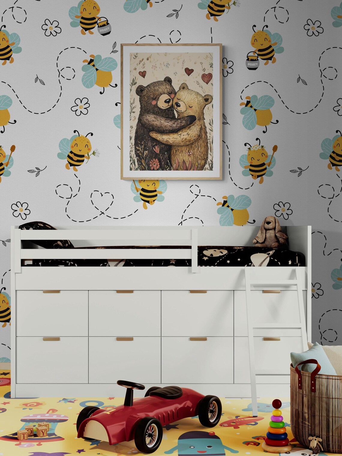 Two Bears Hugging Hearts Woodland Cute Nursery Animal Wall Decor Art Print - Image 4