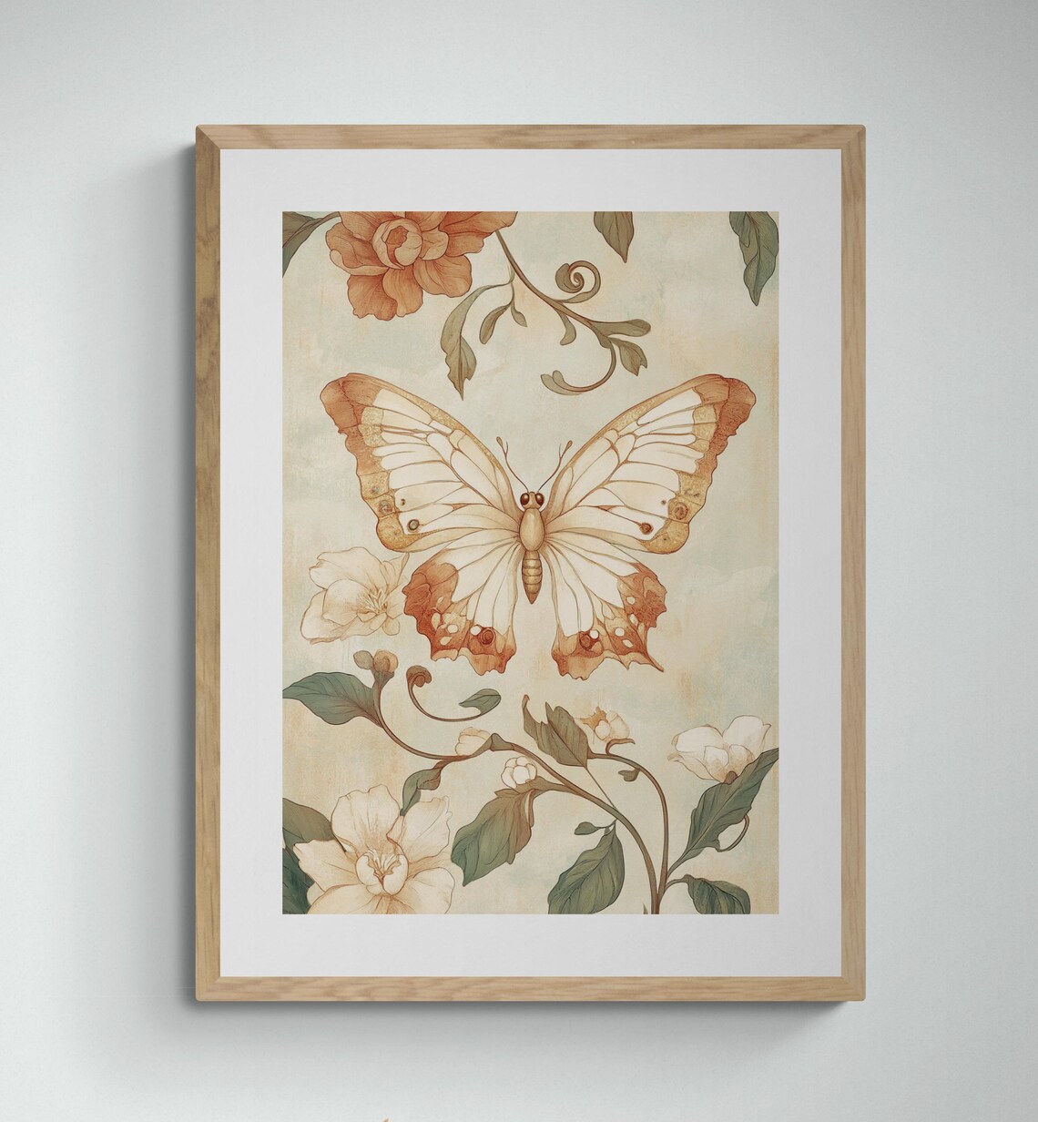 Art Nouveau Butterfly Cream Copper Wings Botanical Floral Art Print