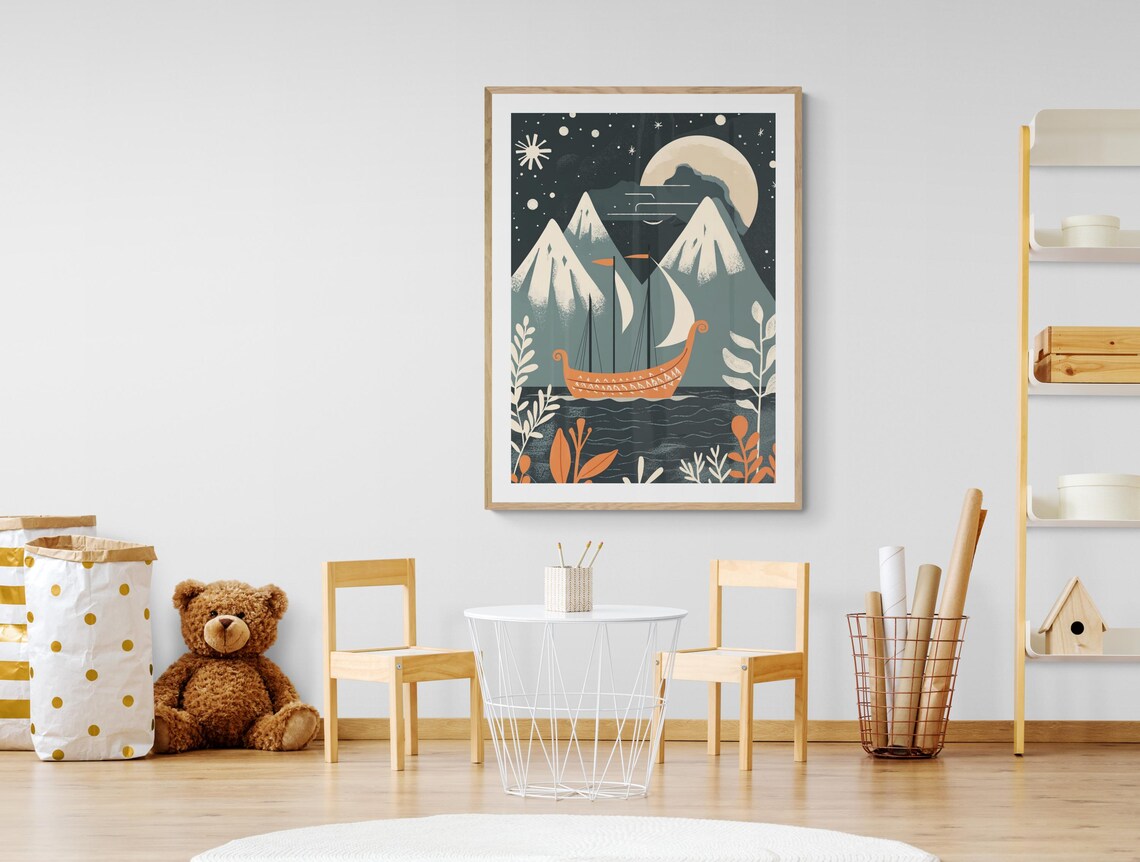 Nordic Folk Art Print Scandinavian Viking Ship Illustration Whimsical Bright Colorful Wall Art Decor - Image 4