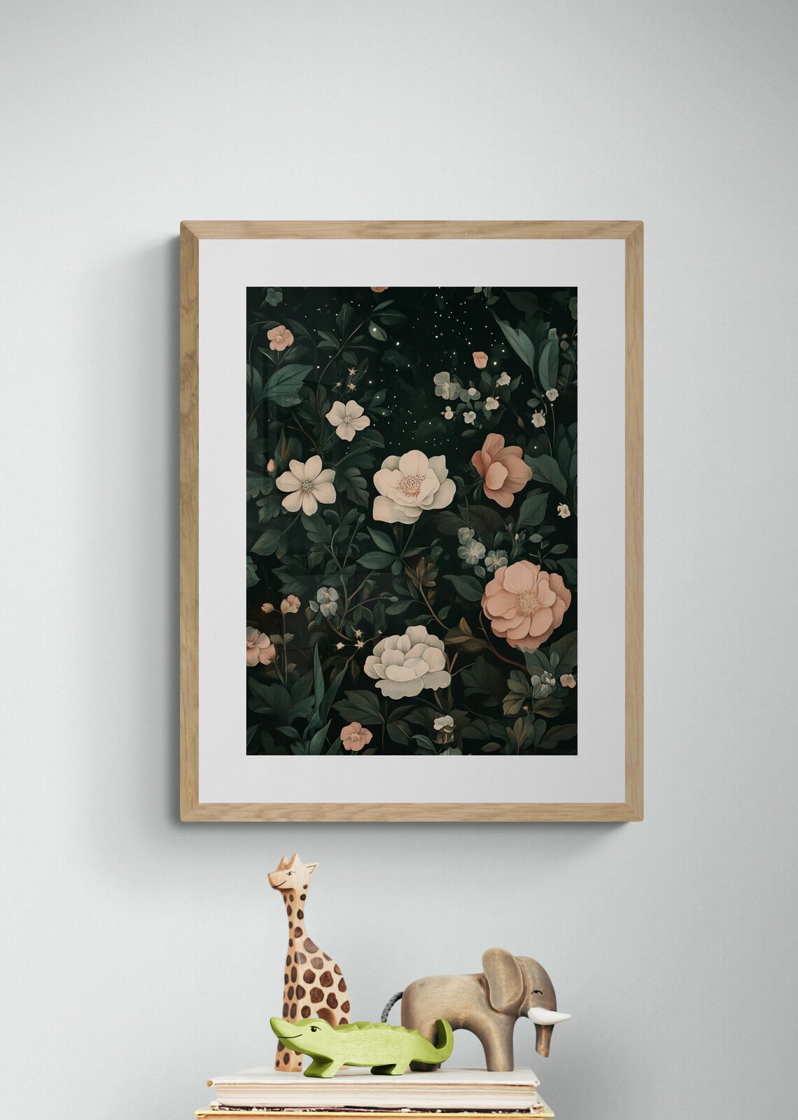 Moonlit Garden Dark Botanical Floral Night Blush Bloom Wall Art Print