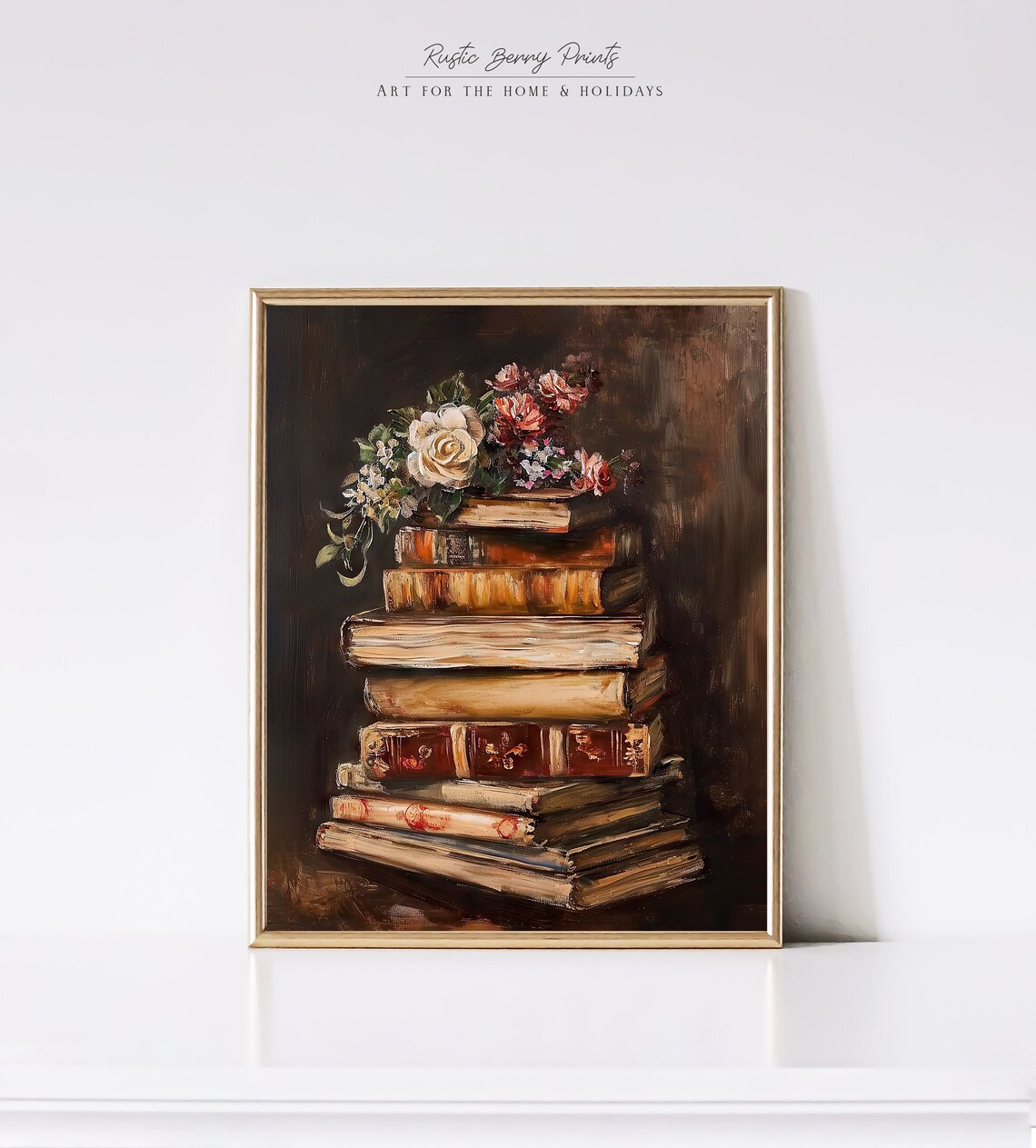 Antique Books Tower Roses Moody Dark Academia Oil Painting Print