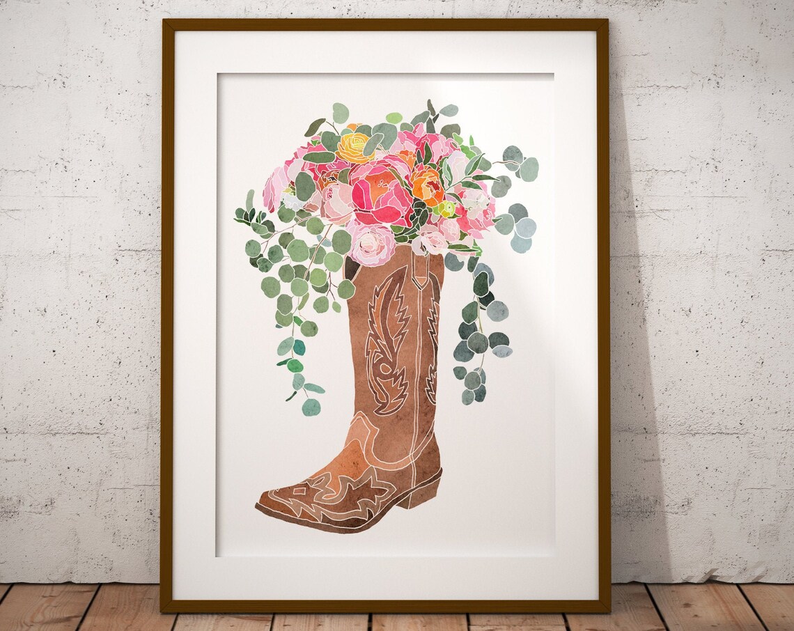 Floral Cowgirl Boot Watercolor Flowers Art Print