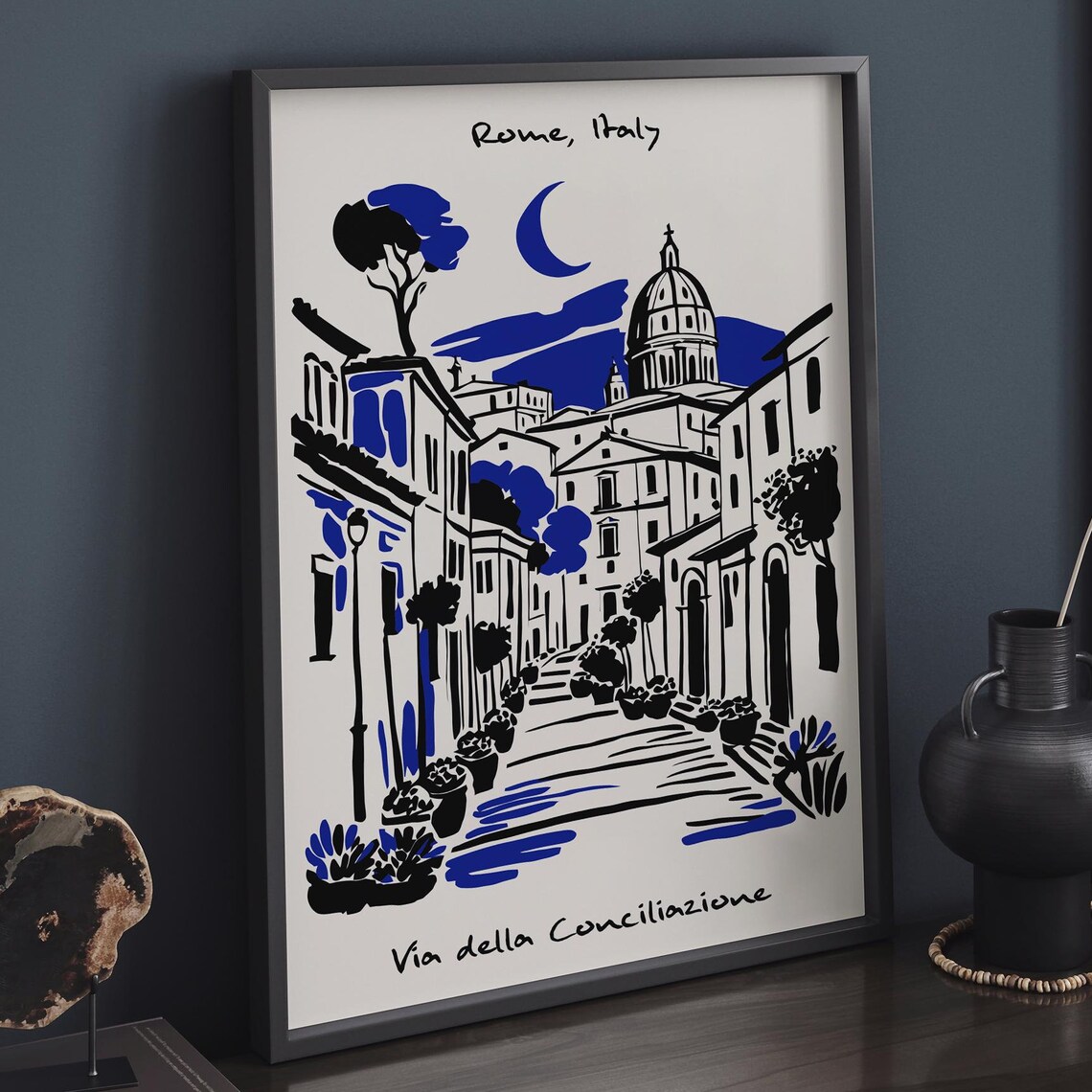 Rome Italy Via della Conciliazione Black Blue Ink Street Scene Poster