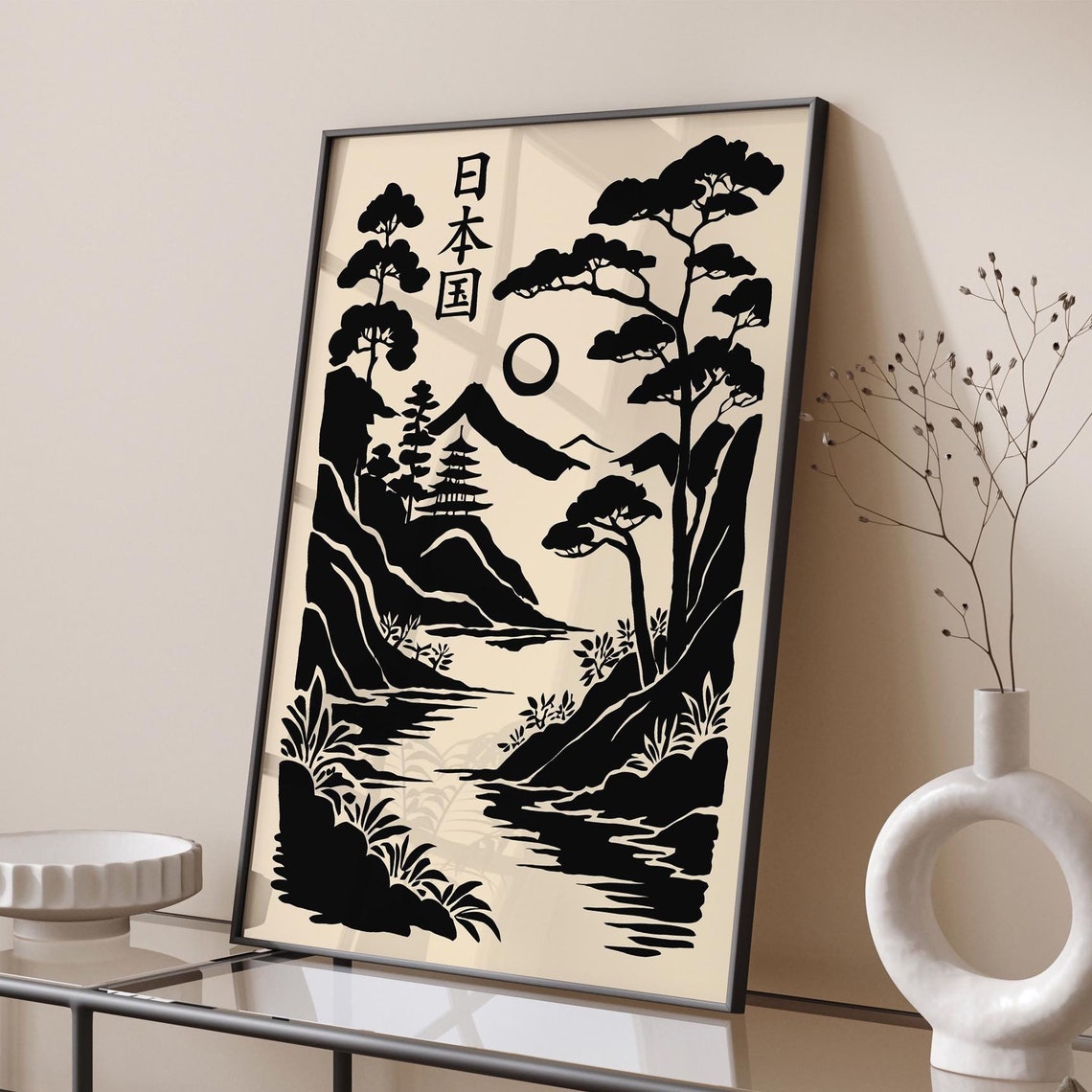 Japanese Kanji Black Ink Mountain Pagoda River Landscape Poster