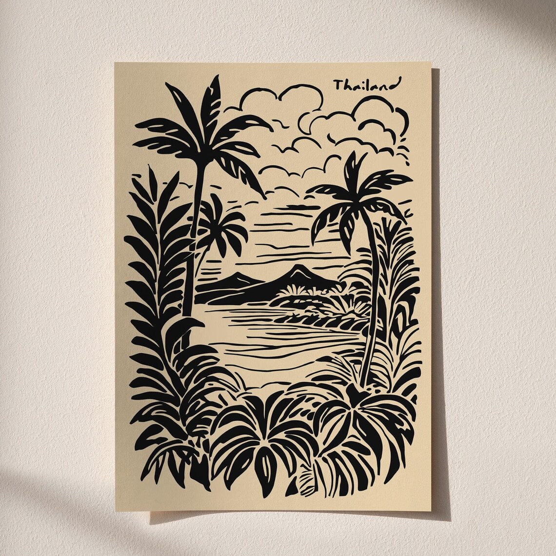 Thailand Black Linocut Palms Island Coast Tropical Travel Poster - Image 5