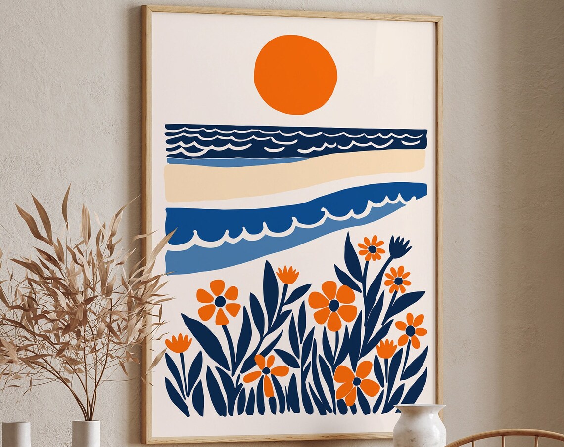 Abstract Floral Ocean Sunset Orange Sun Blue Waves Scene Poster