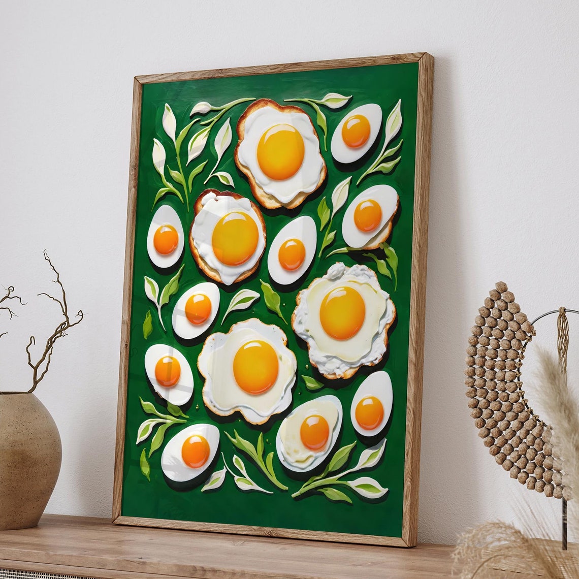 Fried Eggs Botanical Food Art Deep Green Kitchen Wall Poster