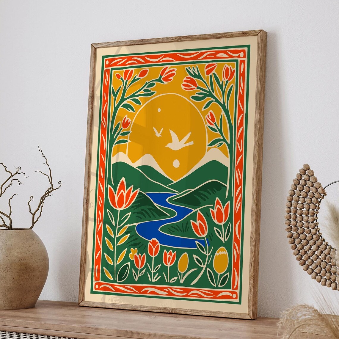 Folk Mountain River Golden Sunset Tulips Birds Spring Art Poster - Image 6