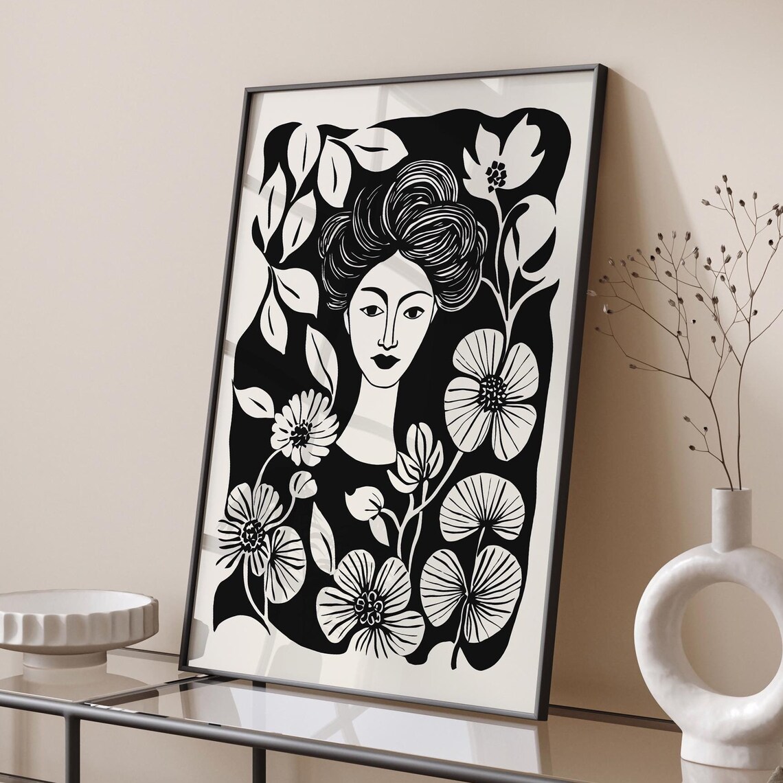 Plant Lady Portrait Black Ink Floral Line Art Botanical Poster