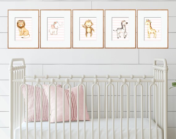 Downloadbaby Girl Jungle Animals With Light Pink Stripes Printsnursery Decornursery Animalsjungle Animalsbaby Girl Wall Art