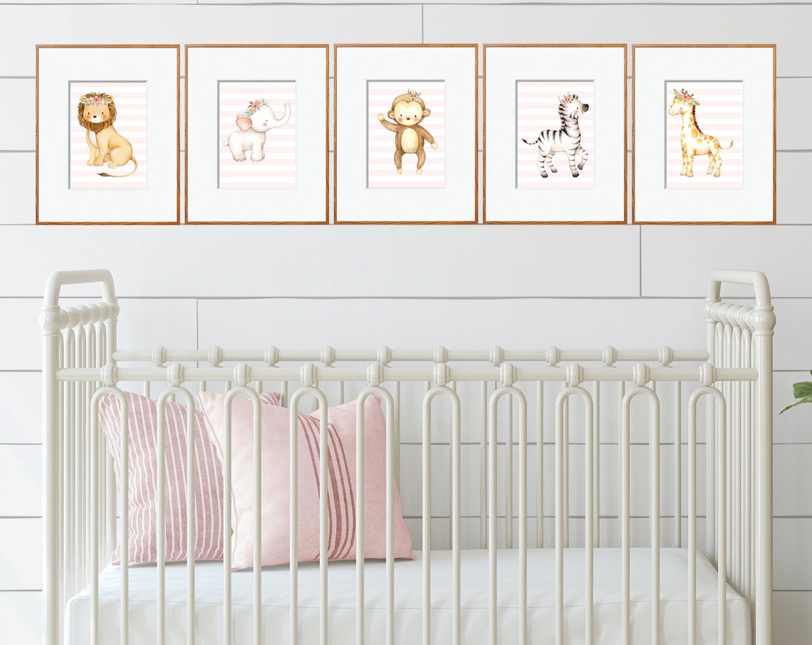 Downloadbaby Girl Jungle Animals With Light Pink Stripes Printsnursery Decornursery Animalsjungle Animalsbaby Girl Wall Art